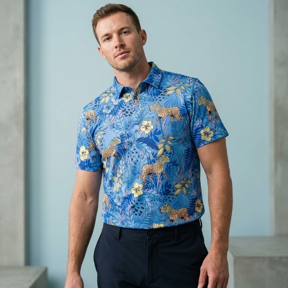 BIRDIE BOUND Mens Polo Large Blue Polyester Spandex Tropical Leopard Golf Shirt
